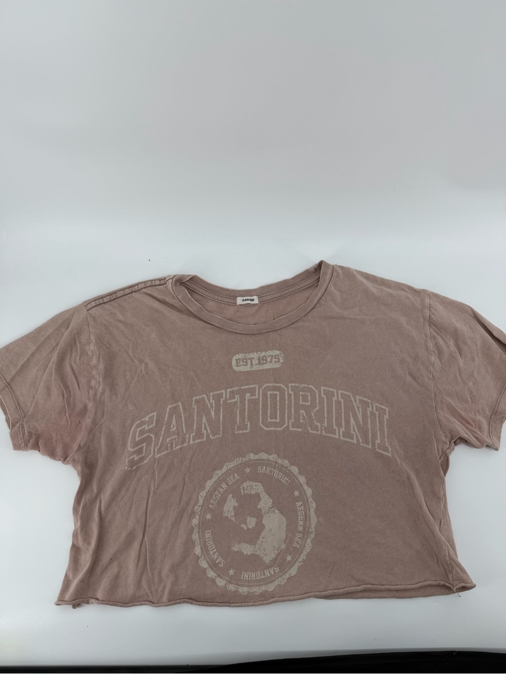 GARAGE Faded Brown Cropped Graphic Tee Santorini Greece Size M Y2K